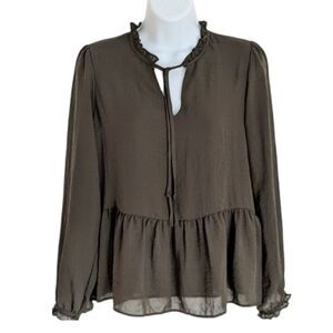 Loft khaki ruffle neck ruffle sleeves boho blouse XSP